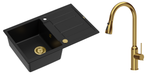 Quadron Unique Zlewozmywak granitowy jednokomorowy 78*50*22 cm z ociekaczem MORGAN 111 PURE CARBON z syfonem Push-2-Open w kolorze złotym z baterią  JESSICA Q LINE z wyciąganą wylewką i funkcją prysznica kolor złoty-DARMOWA DOSTAWA