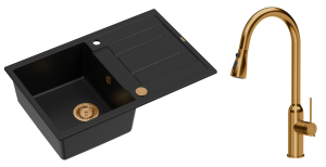 Quadron Unique Zlewozmywak granitowy jednokomorowy 78*50*22 cm z ociekaczem MORGAN 111 PURE CARBON z syfonem Push-2-Open w kolorze miedzianym z baterią  JESSICA Q LINE z wyciąganą wylewką i funkcją prysznica kolor miedziany-DARMOWA DOSTAWA