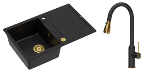 Quadron Unique Zlewozmywak granitowy jednokomorowy 78*50*22 cm z ociekaczem MORGAN 111 PURE CARBON z syfonem Push-2-Open w kolorze złotym z baterią JESSICA PURE CARBON z wyciąganą wylewką i funkcją prysznica czarny mat/wykończenie złote-DARMOWA DOSTAWA