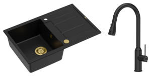 Quadron Unique Zlewozmywak granitowy jednokomorowy 78*50*22 cm z ociekaczem MORGAN 111 PURE CARBON z syfonem Push-2-Open w kolorze złotym z baterią JESSICA Q LINE PURE CARBON z wyciąganą wylewką i funkcją prysznica kolor czarny-DARMOWA DOSTAWA