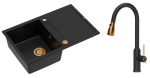 Quadron Unique Zlewozmywak granitowy jednokomorowy 78*50*22 cm z ociekaczem MORGAN 111 PURE CARBON z syfonem Push-2-Open w kolorze miedzianym z baterią  JESSICA  PURE CARBON z wyciąganą wylewką i funkcją prysznica czarny mat/wyk miedź-DARMOWA DOSTAWA