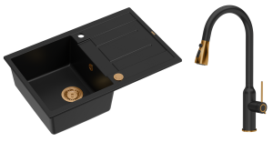 Quadron Unique Zlewozmywak granitowy jednokomorowy 78*50*22 cm z ociekaczem MORGAN 111 PURE CARBON z syfonem Push-2-Open w kolorze miedzianym z baterią  JESSICA  PURE CARBON z wyciąganą wylewką i funkcją prysznica czarny mat/wyk miedź-DARMOWA DOSTAWA