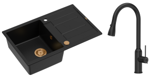Quadron Unique Zlewozmywak granitowy jednokomorowy 78*50*22 cm z ociekaczem MORGAN 111 PURE CARBON z syfonem Push-2-Open w kolorze miedzianym z baterią  JESSICA  PURE CARBON z wyciąganą wylewką i funkcją prysznica kolor czarny mat-DARMOWA DOSTAWA