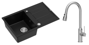 Quadron Unique Zlewozmywak granitowy jednokomorowy 78*50*22 cm z ociekaczem MORGAN 111 PURE CARBON z syfonem Push-2-Open w kolorze stalowym z baterią  JESSICA Q LINE z wyciąganą wylewką i funkcją prysznica kolor stal szczotkowana-DARMOWA DOSTAWA