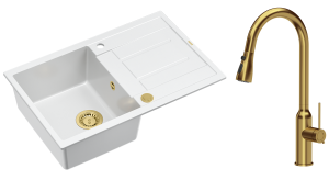 Quadron Unique Zlewozmywak granitowy jednokomorowy 78*50*22 cm z ociekaczem MORGAN 111 SNOW WHITE z syfonem Push-2-Open w kolorze złotym z baterią JESSICA Q LINE z wyciąganą wylewką i funkcją prysznica kolor złoty-DARMOWA DOSTAWA