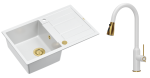 Quadron Unique Zlewozmywak granitowy jednokomorowy 78*50*22 cm z ociekaczem MORGAN 111 SNOW WHITE z syfonem Push-2-Open w kolorze złotym z baterią JESSICA  SNOW WHITE z wyciąganą wylewką i funkcją prysznica  biały mat/wyk złote-DARMOWA DOSTAWA