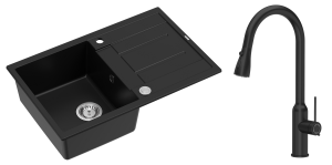 Quadron Unique Zlewozmywak granitowy jednokomorowy 78*50*22 cm z ociekaczem MORGAN 111 PURE CARBON z syfonem Push-2-Open w kolorze stalowym z baterią  JESSICA Q LINE PURE CARBON z wyciąganą wylewką i funkcją prysznica kolor czarny mat -DARMOWA DOSTAWA