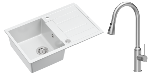 Quadron Unique Zlewozmywak granitowy jednokomorowy 78*50*22 cm z ociekaczem MORGAN 111 SNOW WHITE z syfonem Push-2-Open w kolorze stalowym z baterią JESSICA Q LINE z wyciąganą wylewką i funkcją prysznica kolor stal szczotkowana -DARMOWA DOSTAWA