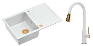 Quadron Unique Zlewozmywak granitowy jednokomorowy 78*50*22 cm z ociekaczem MORGAN 111 SNOW WHITE z syfonem Push-2-Open w kolorze miedzianym z baterią JESSICA SNOW WHITE z wyciąganą wylewką i funkcją prysznica kolor biały mat/ miedź-DARMOWA DOSTAWA