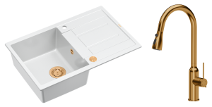 Quadron Unique Zlewozmywak granitowy jednokomorowy 78*50*22 cm z ociekaczem MORGAN 111 SNOW WHITE z syfonem Push-2-Open w kolorze miedzianym z baterią JESSICA Q LINE z wyciąganą wylewką i funkcją prysznica kolor miedziany-DARMOWA DOSTAWA