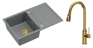 Quadron Unique Zlewozmywak granitowy jednokomorowy 78*50*22 cm z ociekaczem MORGAN 111 SILVER STONE z syfonem Push-2-Open w kolorze złotym z baterią JESSICA Q LINE z wyciąganą wylewką i funkcją prysznica kolor złoty-DARMOWA DOSTAWA