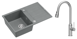 Quadron Unique  Zlewozmywak granitowy jednokomorowy 78*50*22 cm z ociekaczem MORGAN 111 SILVER STONE z syfonem Push-2-Open w kolorze stalowym z baterią JESSICA Q LINE z wyciąganą wylewką i funkcją prysznica kolor stal szczotkowana -DARMOWA DOSTAWA