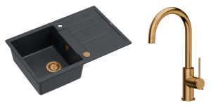 Quadron Unique Zlewozmywak granitowy jednokomorowy 78*50*22 cm z ociekaczem MORGAN 111 BLACK DIAMOND z syfonem Push-2-Open w kolorze miedzianym z baterią JODIE Q LINE SLIM kolor miedziany-DARMOWA DOSTAWA
