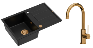 Quadron Unique Zlewozmywak granitowy jednokomorowy 78*50*22 cm z ociekaczem MORGAN 111 PURE CARBON z syfonem Push-2-Open w kolorze miedzianym z baterią  JODIE Q LINE SLIM kolor miedziany-DARMOWA DOSTAWA