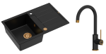 Quadron Unique Zlewozmywak granitowy jednokomorowy 78*50*22 cm z ociekaczem MORGAN 111 PURE CARBON z syfonem Push-2-Open w kolorze miedzianym z baterią  JODIE Q LINE SLIM PURE CARBON kolor czarny mat/wykończenie miedź - DARMOWA DOSTAWA