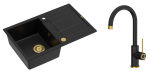 Quadron Unique Zlewozmywak granitowy jednokomorowy 78*50*22 cm z ociekaczem MORGAN 111 PURE CARBON z syfonem Push-2-Open w kolorze złotym z baterią JODIE Q LINE SLIM PURE CARBON kolor czarny mat/wykończenie złote-DARMOWA DOSTAWA