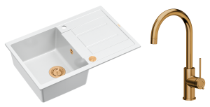 Quadron Unique Zlewozmywak granitowy jednokomorowy 78*50*22 cm z ociekaczem MORGAN 111 SNOW WHITE z syfonem Push-2-Open w kolorze miedzianym z baterią JODIE Q LINE SLIM kolor miedziany-DARMOWA DOSTAWA