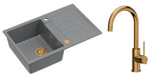 Quadron Unique Zlewozmywak granitowy jednokomorowy 78*50*22 cm z ociekaczem MORGAN 111 SILVER STONE z syfonem Push-2-Open w kolorze miedzianym z baterią JODIE Q LINE SLIM kolor miedziany-DARMOWA DOSTAWA