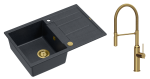 Quadron Unique Zlewozmywak granitowy jednokomorowy 78*50*22 cm z ociekaczem MORGAN 111 BLACK DIAMOND z syfonem Push-2-Open w kolorze złotym z baterią MARILYN Q LINE  z ruchomą wylewką kolor złoty-DARMOWA DOSTAWA