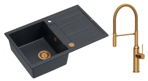 Quadron Unique Zlewozmywak granitowy jednokomorowy 78*50*22 cm z ociekaczem MORGAN 111 BLACK DIAMOND z syfonem Push-2-Open w kolorze miedzianym z baterią MARILYN Q LINE z ruchomą wylewką kolor miedziany-DARMOWA DOSTAWA