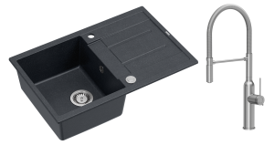 Quadron  Unique Zlewozmywak granitowy jednokomorowy 78*50*22 cm z ociekaczem MORGAN 111 BLACK DIAMOND z syfonem Push-2-Open w kolorze stalowym z baterią  MARILYN Q LINE z ruchomą wylewką kolor stal szczotkowana-DARMOWA DOSTAWA