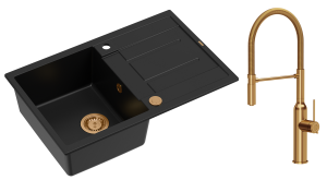 Quadron Unique Zlewozmywak granitowy jednokomorowy 78*50*22 cm z ociekaczem MORGAN 111 PURE CARBON z syfonem Push-2-Open w kolorze miedzianym z baterią MARILYN Q LINE  z ruchomą wylewką kolor miedziany-DARMOWA DOSTAWA