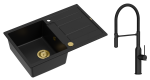 Quadron Unique Zlewozmywak granitowy jednokomorowy 78*50*22 cm z ociekaczem MORGAN 111 PURE CARBON z syfonem Push-2-Open w kolorze złotym z baterią MARILYN Q LINE PURE CARBON z ruchomą wylewką kolor czarny-DARMOWA DOSTAWA