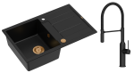 Quadron Unique Zlewozmywak granitowy jednokomorowy 78*50*22 cm z ociekaczem MORGAN 111 PURE CARBON z syfonem Push-2-Open w kolorze miedzianym z baterią  MARILYN Q LINE PURE CARBON z ruchomą wylewką kolor czarny - DARMOWA DOSTAWA