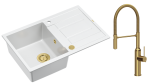 Quadron Unique Zlewozmywak granitowy jednokomorowy 78*50*22 cm z ociekaczem MORGAN 111 SNOW WHITE z syfonem Push-2-Open w kolorze złotym z baterią MARILYN Q LINE z ruchomą wylewką kolor złoty-DARMOWA DOSTAWA