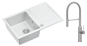 Quadron Unique Zlewozmywak granitowy jednokomorowy 78*50*22 cm z ociekaczem MORGAN 111 SNOW WHITE z syfonem Push-2-Open w kolorze stalowym z baterią MARILYN Q LINE z ruchomą wylewką kolor Stal szczotkowana-DARMOWA DOSTAWA