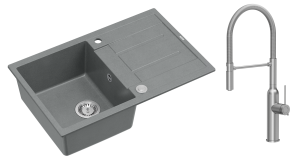 Quadron Unique  Zlewozmywak granitowy jednokomorowy 78*50*22 cm z ociekaczem MORGAN 111 SILVER STONE z syfonem Push-2-Open w kolorze stalowym z baterią MARILYN Q LINE z ruchomą wylewką kolor stal szczotkowana-DARMOWA DOSTAWA