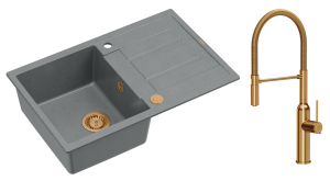 Quadron Unique Zlewozmywak granitowy jednokomorowy 78*50*22 cm z ociekaczem MORGAN 111 SILVER STONE z syfonem Push-2-Open w kolorze miedzianym z baterią MARILYN Q LINE z ruchomą wylewką kolor miedziany-DARMOWA DOSTAWA