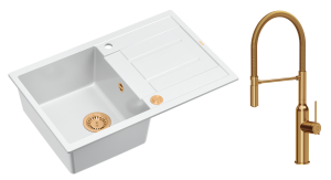 Quadron Unique Zlewozmywak granitowy jednokomorowy 78*50*22 cm z ociekaczem MORGAN 111 SNOW WHITE z syfonem Push-2-Open w kolorze miedzianym z baterią MARILYN Q LINE z ruchomą wylewką kolor miedziany-DARMOWA DOSTAWA