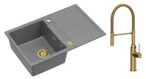 Quadron Unique Zlewozmywak granitowy jednokomorowy 78*50*22 cm z ociekaczem MORGAN 111 SILVER STONE z syfonem Push-2-Open w kolorze złotym z baterią MARILYN Q LINE z ruchomą wylewką kolor złoty-DARMOWA DOSTAWA