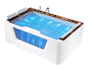 HYDROSAN - Wanna z hydromasażem ZEFIR 934 Z OBUDOWĄ 2-4 osobowa 192x131 cm BIAŁA Z PANELEM SZKLANYM I WYKOŃCZENIEM DREWNO TEKOWE