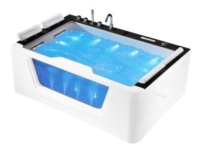 HYDROSAN - Wanna z hydromasażem ZEFIR 934 Z OBUDOWĄ 2-4 osobowa 192x131 cm BIAŁA Z PANELEM SZKLANYM I WYKOŃCZENIEM CZARNE DREWNO TEKOWE