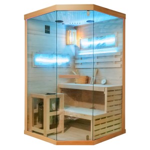 HYDROSAN SAUNA FIŃSKA SUCHA LARK2-WD PIĘCIOKĄTNA WYSOKOTEMPERATUROWA 1-2 OSOBOWA 120x120x200 cm  Z PIECEM HARVIA 3,5KW  I PANELAMI SOLNYMI