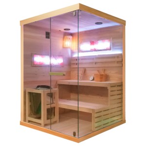 HYDROSAN SAUNA FIŃSKA SUCHA LARK3-WD PROSTOKĄTNA WYSOKOTEMPERATUROWA 3-4 OSOBOWA 140x150x200 cm  Z PIECEM HARVIA 4,5KW  I PANELAMI SOLNYMI