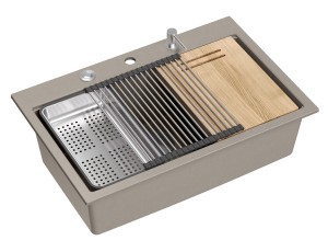 Quadron Unique Zlewozmywak granitowy jednokomorowy 76*50*23,5 cm MARC 110 Workstation SOFT TAUPE + syfon Push-2-Open save space w kolorze stalowym + deska + wkładka ociekowa + rollmata + dozownik + nakładka na odpływ-DARMOWA DOSTAWA 