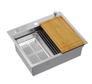 Quadron Unique Zlewozmywak stalowy jednokomorowy 58*48,5*20 cm BURT 100 Workstation SteelQ + syfon Push-2-Open save space w kolorze stalowym + deska + wkładka ociekowa + rollmata + dozownik + nakładka na odpływ-DARMOWA DOSTAWA