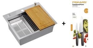 Quadron Unique Zlewozmywak stalowy jednokomorowy 58*48,5*20 cm BURT 100 Workstation SteelQ + syfon Push-2-Open save space w kolorze stalowym + deska + wkładka ociekowa + rollmata + dozownik + nakładka na odpływ + zestaw noży FISKARS-DARMOWA DOSTAWA