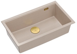 Quadron Unique Zlewozmywak granitowy jednokomorowy podwieszany 76*45*23,5 cm LOGAN 110 PEARL BEIGE  z syfonem save space w kolorze złotym-DARMOWA DOSTAWA 