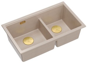 Quadron Unique Zlewozmywak granitowy dwukomorowy wpuszczany 76*45*23,5 cm LOGAN 120 PEARL BEIGE z syfonem save space w kolorze złotym-DARMOWA DOSTAWA 