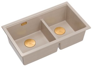Quadron Unique Zlewozmywak granitowy dwukomorowy podwieszany 76*45*23,5 cm LOGAN 120 PEARL BEIGE z syfonem save space w kolorze miedzianym-DARMOWA DOSTAWA 
