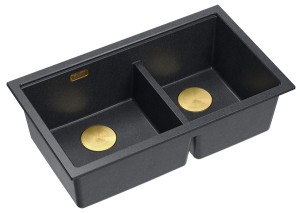 Quadron Unique Zlewozmywak granitowy dwukomorowy podwieszany 76*45*23,5 cm LOGAN 120 BLACK DIAMOND z syfonem save space w kolorze złotym-DARMOWA DOSTAWA 
