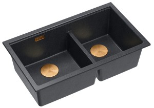 Quadron Unique Zlewozmywak granitowy dwukomorowy podwieszany 76*45*23,5 cm LOGAN 120 BLACK DIAMOND z syfonem save space w kolorze miedzianym-DARMOWA DOSTAWA 