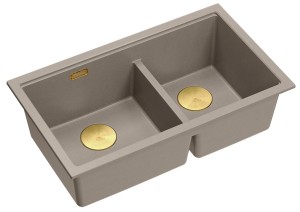 Quadron Unique Zlewozmywak granitowy dwukomorowy podwieszany 76*45*23,5 cm LOGAN 120 SOFT TAUPE z syfonem save space w kolorze złotym-DARMOWA DOSTAWA 