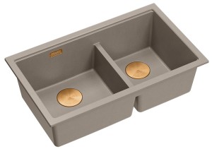Quadron Unique Zlewozmywak granitowy dwukomorowy podwieszany 76*45*23,5 cm LOGAN 120 SOFT TAUPE z syfonem save space w kolorze miedzianym-DARMOWA DOSTAWA 