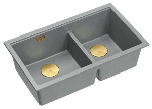 Quadron Unique Zlewozmywak granitowy dwukomorowy podwieszany 76*45*23,5 cm LOGAN 120 SILVER STONE z syfonem save space w kolorze złotym-DARMOWA DOSTAWA 