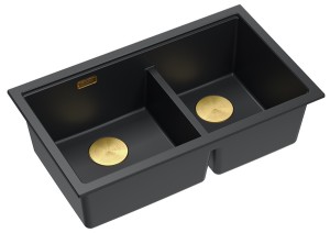 Quadron Unique Zlewozmywak granitowy dwukomorowy wpuszczany 76*45*23,5 cm LOGAN 120 PURE CARBON z syfonem save space w kolorze złotym-DARMOWA DOSTAWA 